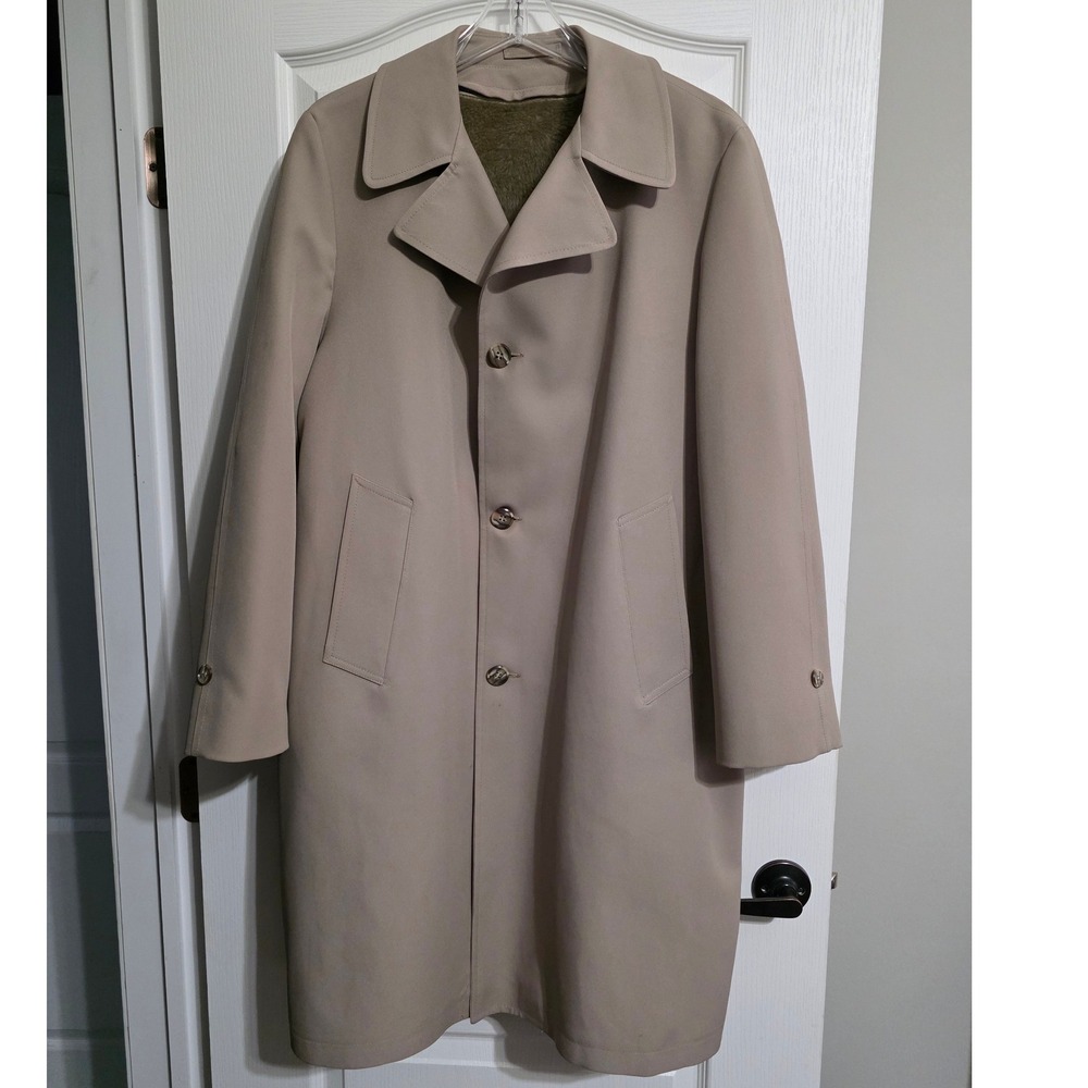 Clipper Mist Men 40 REG Tan All Weather Coat Faux Fur Lined Trench Vintage Navy